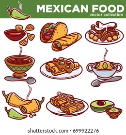 Mexican food cuisine traditional dishes vector icons for restaurant menu