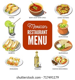 Mexican food cuisine vector traditional dish icons for restaurant menu