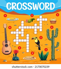 Mexican Food And Culture Items, Crossword Grid Or Find Word Quiz Game, Vector Worksheet. Crossword Riddle To Guess Word Of Mexican Guitar, Aloe Cactus And Burrito With Toucan And Guacamole