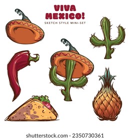 Mexican food and culture items mini set. Colored sketch isolated on white background. EPS10 vector illustration