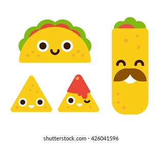 Mexican food with cute smiling faces. Taco, burrito and nachos with salsa in flat cartoon geometric style.