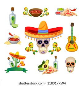 Mexican food and decorations set isolated on white background. Tequila, guitar, food etc. Vector illustration.