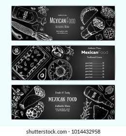 Mexican food design template. Horizontal banners set. Mexican food cafe menu. Vector illustration. Engraved style