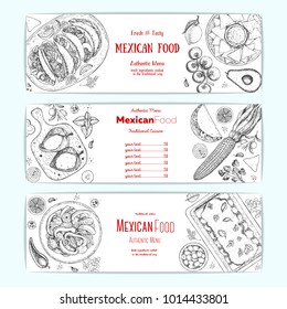 Mexican food design template. Horizontal banners set. Mexican food cafe menu. Vector illustration. Engraved style