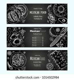 Mexican food design template. Horizontal banners set. Mexican food cafe menu. Vector illustration. Engraved style