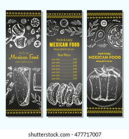 Mexican food design template. Vertical banners set. Mexican food cafe menu. Vector illustration.