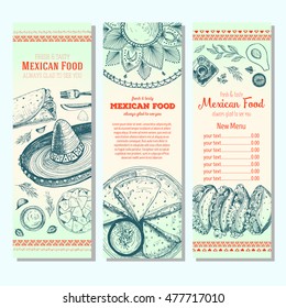 Mexican food design template. Vertical banners set. Mexican food cafe menu. Vector illustration.