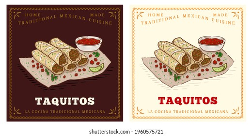 Mexican food dish taquito with sauce illustration