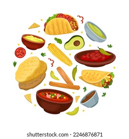 Mexican food dishes of circular shape banner. Traditional Mexican meal poster, card template, website cartoon vector