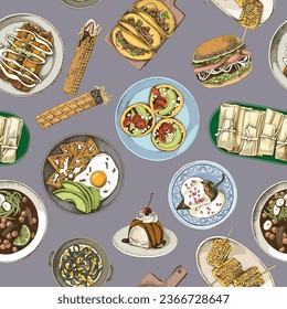 Mexican food dishes seamless pattern