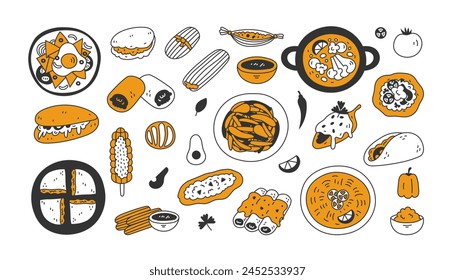 Mexican food doodle elements set. Hand drawn collection of popular traditional cuisine dishes. Delicious meal snack tortilla soup ingredients. Vector illustration