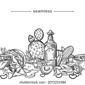 Mexican Food Doodle Seamless Pattern with Hand Drawn Frame Cactus, Tequila, Avocado and Nachos with Chicken Wings, Corn and Jalapeno Pepper with Burrito Monochrome Border. Linear Vector Illustration