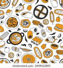 Mexican Food Doodle Seamless Pattern. Hand drawn eatery background with traditional dishes and ingredients. Latin American cuisine line elements. Vector illustration