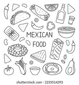 Juego de doodles de comida mexicana. cocina mexicana. Burrito, taco, nachos en forma de boceto. Ilustración vectorial dibujada a mano aislada en fondo blanco