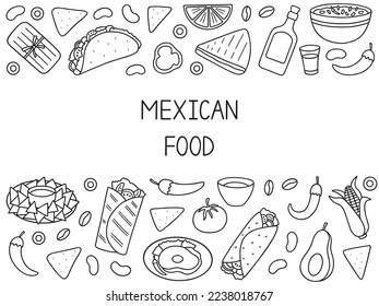 Mexican food doodle set. Mexican cuisine. Burrito, taco, nachos in sketch style. Hand drawn vector illustration isolated on white background