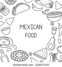 Mexican food doodle set. Mexican cuisine. Burrito, taco, nachos in sketch style. Hand drawn vector illustration isolated on white background