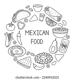 Mexican food doodle set. Mexican cuisine. Burrito, taco, nachos in sketch style. Hand drawn vector illustration isolated on white background