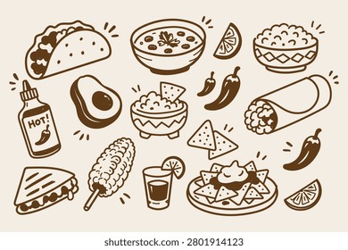 Mexican Food Doodle Sketch Vector Set with Tacos, Burritos, Nachos, Corn Dogs, Avocado, Salsa and Spicy Street Food Hand Drawn Illustration Collection