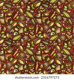 Mexican Food doodles seamless pattern. Ethnic Cuisine background. Cartoon ethnicity fabric print design. Colorful vector illustration
