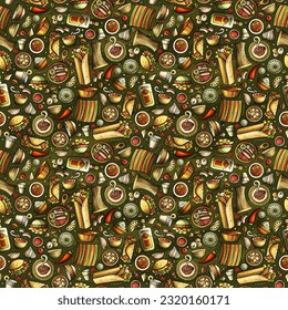 Mexican Food doodles seamless pattern. Ethnic Cuisine background. Cartoon ethnicity fabric print design. Colorful vector illustration