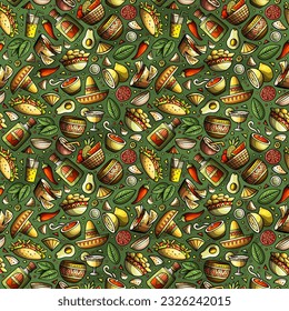 Mexican Food doodles seamless pattern. Ethnic Cuisine background. Cartoon ethnicity fabric print design. Colorful vector illustration