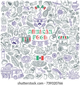 Mexican food doodles set. Traditional meals, street food and drinks - taco, burrito, tequila, guacamole, nachos. 