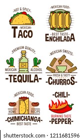 Mexican food and drink icons. Fast food tacos, enchilada and fried burrito chimichanga, chili pepper, sweet cookie churros and tequila alcohol bottle. Fastfood restaurant and cafe symbols svg