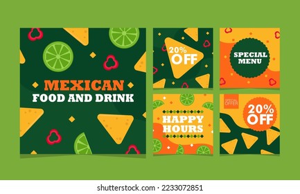 Mexican food and drink set. Collection of square banners for social networks. Promo vector illustration. Mexican restaurant. Lime, nachos, pepper