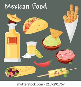 Mexican food and drink. Set of vector illustration
