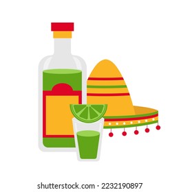 Mexican food and drink. Tequila with lime and sombrero isolated on white. Vector illustration for menu designs, banners.