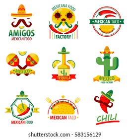 Mexican food and drinks logo emblems vector poster on white. Collection of mexican ethnic cuisine colorful label. Menu elements with fast food meal, red chilli, green cactus, tequila beverage