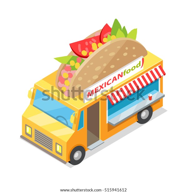 Mexican food eatery on wheels icon. Car van with\
tacos on roof isometric vector isolated on white background. 3d\
mobile cafe with bright signboard. National cuisine. For cafe,\
snack bar ad, apps