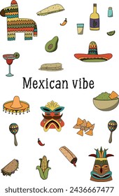 Mexican food and elements collection. pinata, margarita, tequila, sombrero, buritto, quesadila, nachos, guacomole, mexican traditional masks