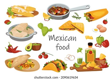 Mexican food elements isolated set. Bundle of traditional meals - burrito, tacos, guacamole, meat and vegetable dishes or ingredients, tequila and other. Vector illustration in flat cartoon design