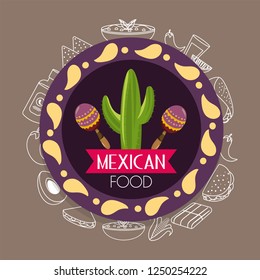 mexican food emblem with cactus and maracas