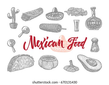 Mexican food engraved set of different meals and elements of national traditional culture isolated vector illustration