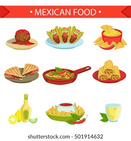 Mexican Food Famous Dishes Illustration Set