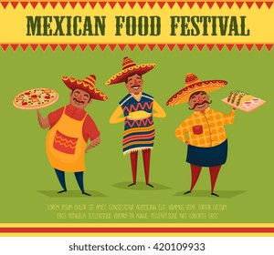 Mexican food festival. Vector chef character in sombrero standing holding pizza and tacos. Mexican national holiday celebration welcome. Fiesta party invitation banner. Traditional food fest poster
