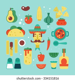 Mexican Food Flat Stylish Icon Set. Vector Illustration