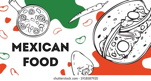 Mexican food flyer design template. Quesadilla and chili con carne illustration with vegetables. Hand drawn outline vector sketch graphic