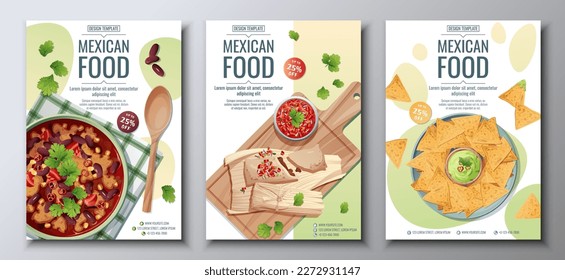 Mexican food flyer set on a green background. Tamales, nachos and bean soup. Banner, menu, poster, advertisement of traditional Mexican food.