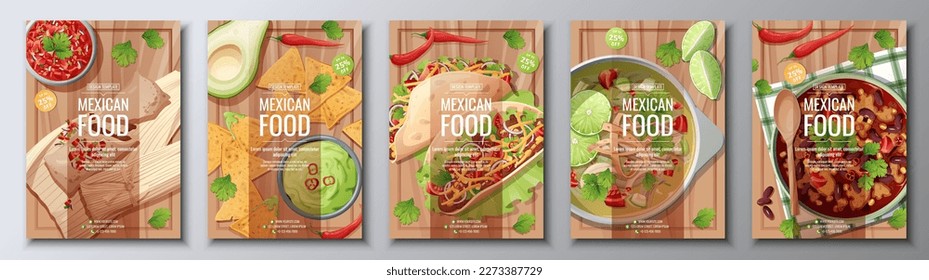 Volante mexicano sobre fondo de madera. Tamales, nachos, tacos, sopa de cal y judías. Cartel, menú, afiche, anuncio de comida tradicional mexicana.