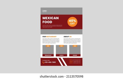 Mexican food flyer template design. Delicious Mexican food flyer. Mexican Food Restaurant menu poster leaflet design, a4 size, flyer, cover, brochure, print-ready