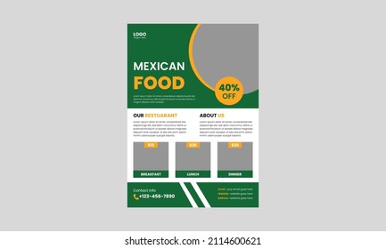 Mexican food flyer template design. Delicious Mexican food flyer. Mexican Food Restaurant menu poster leaflet design, a4 size, flyer, cover, brochure, print-ready