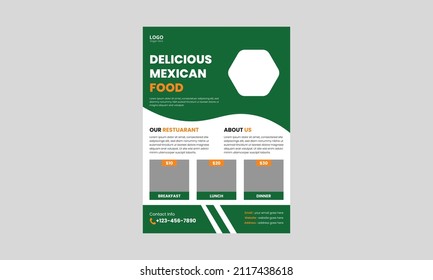 Mexican food flyer template design. Delicious Mexican food flyer. Mexican Food Restaurant menu poster leaflet design, a4 size, flyer, cover, brochure, print ready