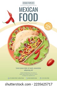 Mexican food flyer template. Tacos with minced meat, vegetables, chili and cheese. Vector illustration of traditional mexican food. Discount poster, banner flyer for cafe and restaurant