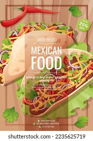 Mexican food flyer template. Tacos with minced meat, vegetables, chili and cheese. Vector illustration of traditional mexican food. Discount poster, banner flyer for cafe and restaurant