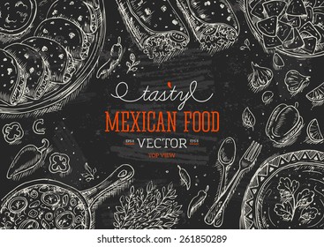 Mexican Food Frame. Linear graphic. Vector illustration