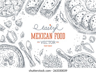 Mexican Food Frame. Linear Graphic. Vector Illustration