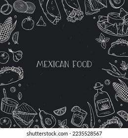 Mexican food frame on black background. Cuisine mexicaine. Linear graphics. Hand drawn outline vector sketch illustration. Mexican food menu for restaurant, cafe. 